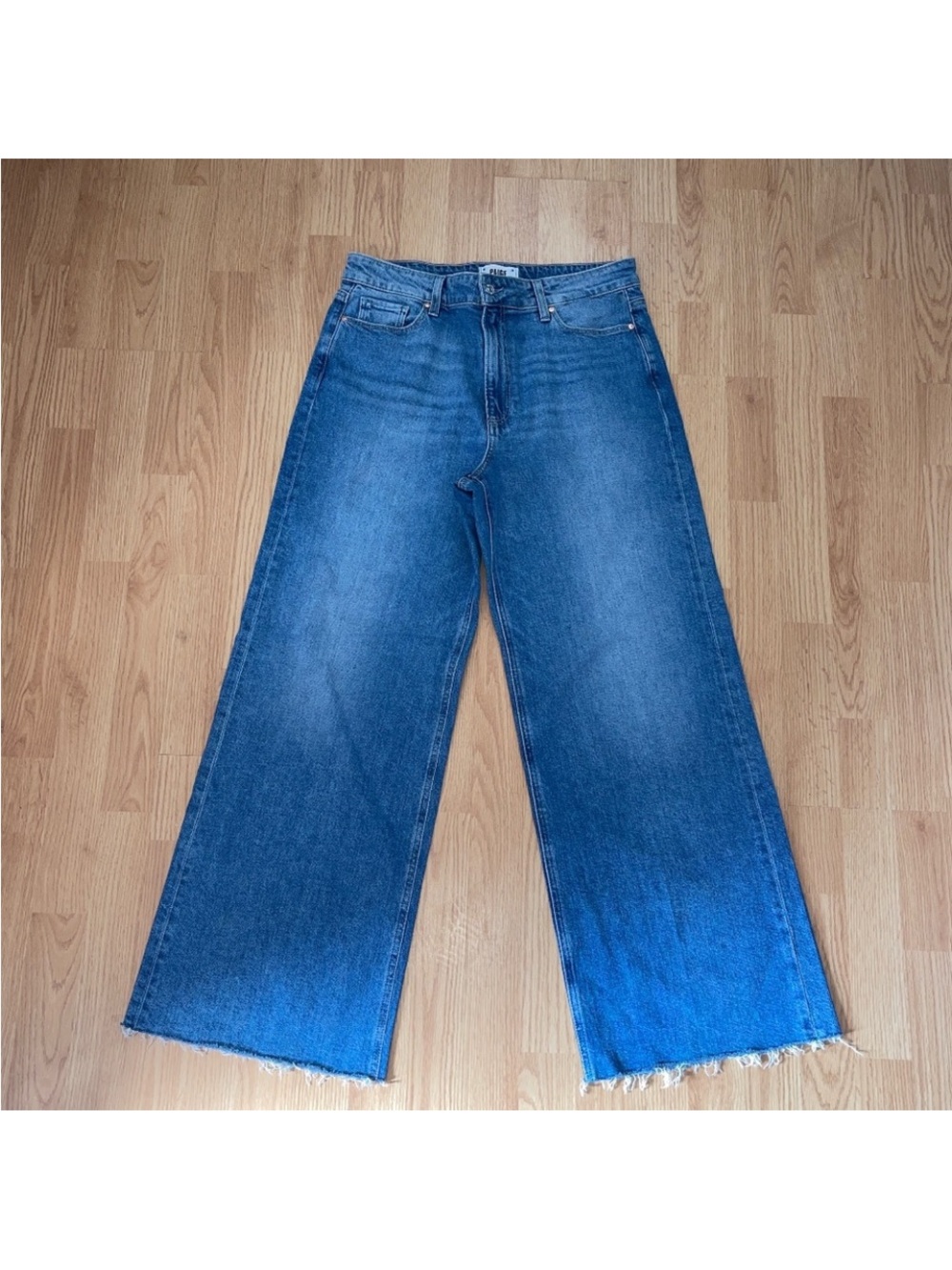 PAIGE Anessa 31” long Wide-Leg High-Rise Jeans in Medium Blue Raw Fray Hem - Picture 7 of 10